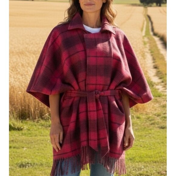 Isaac Mizrahi Women’s Red Plaid Poncho Cape Jacket O/S Belted Fringe Cozy Fall - Picture 1 of 11